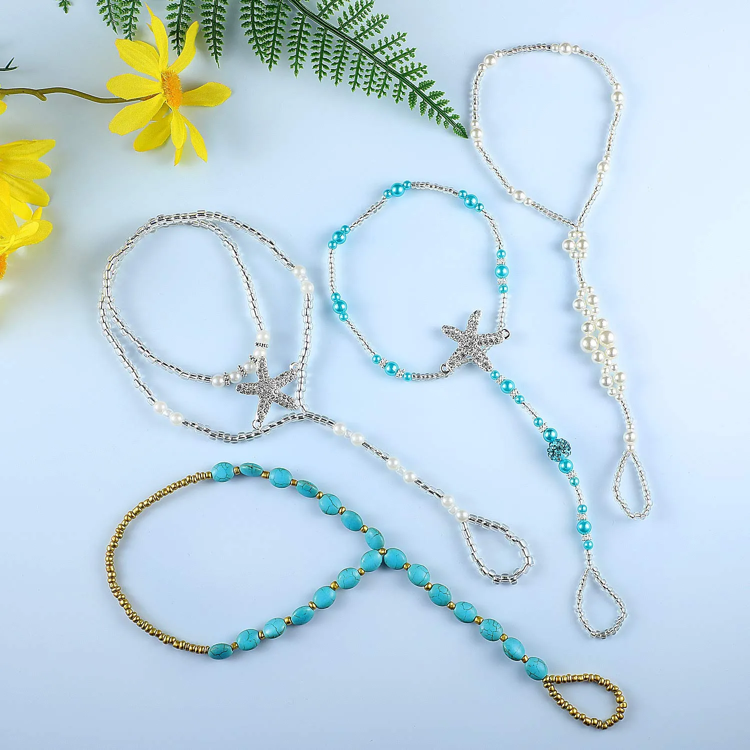 4 Pairs Beach Barefoot Sandals Starfish Pearls Turquoise Beaded Elastic Foot Jewelry for Women Girls