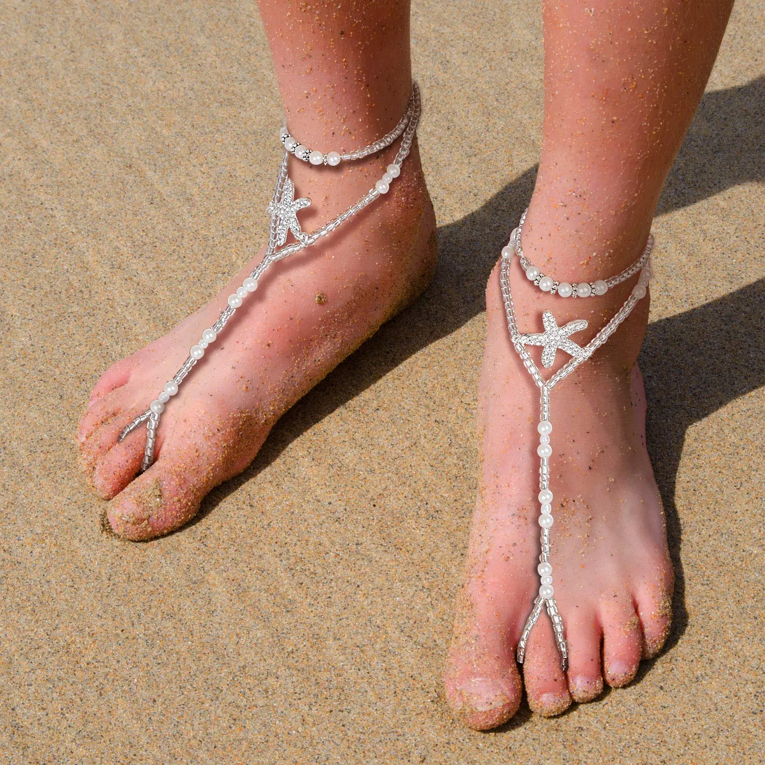 4 Pairs Beach Barefoot Sandals Starfish Pearls Turquoise Beaded Elastic Foot Jewelry for Women Girls