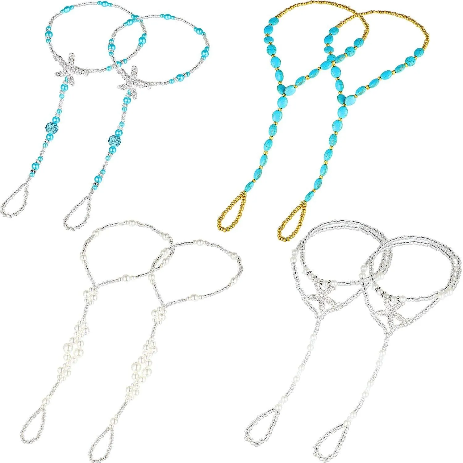 4 Pairs Beach Barefoot Sandals Starfish Pearls Turquoise Beaded Elastic Foot Jewelry for Women Girls