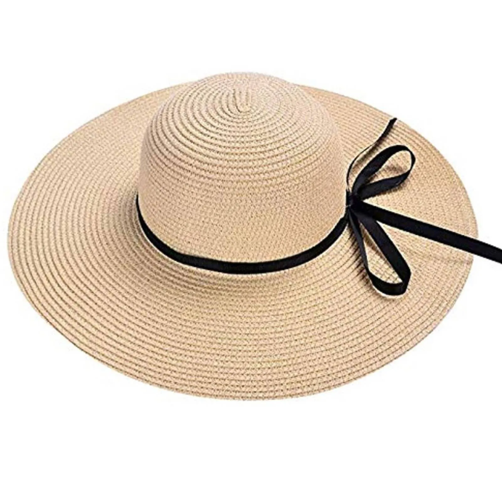 Beige Floppy Beach Straw Hat, Foldable Wide Brim with Bowknot UPF50
