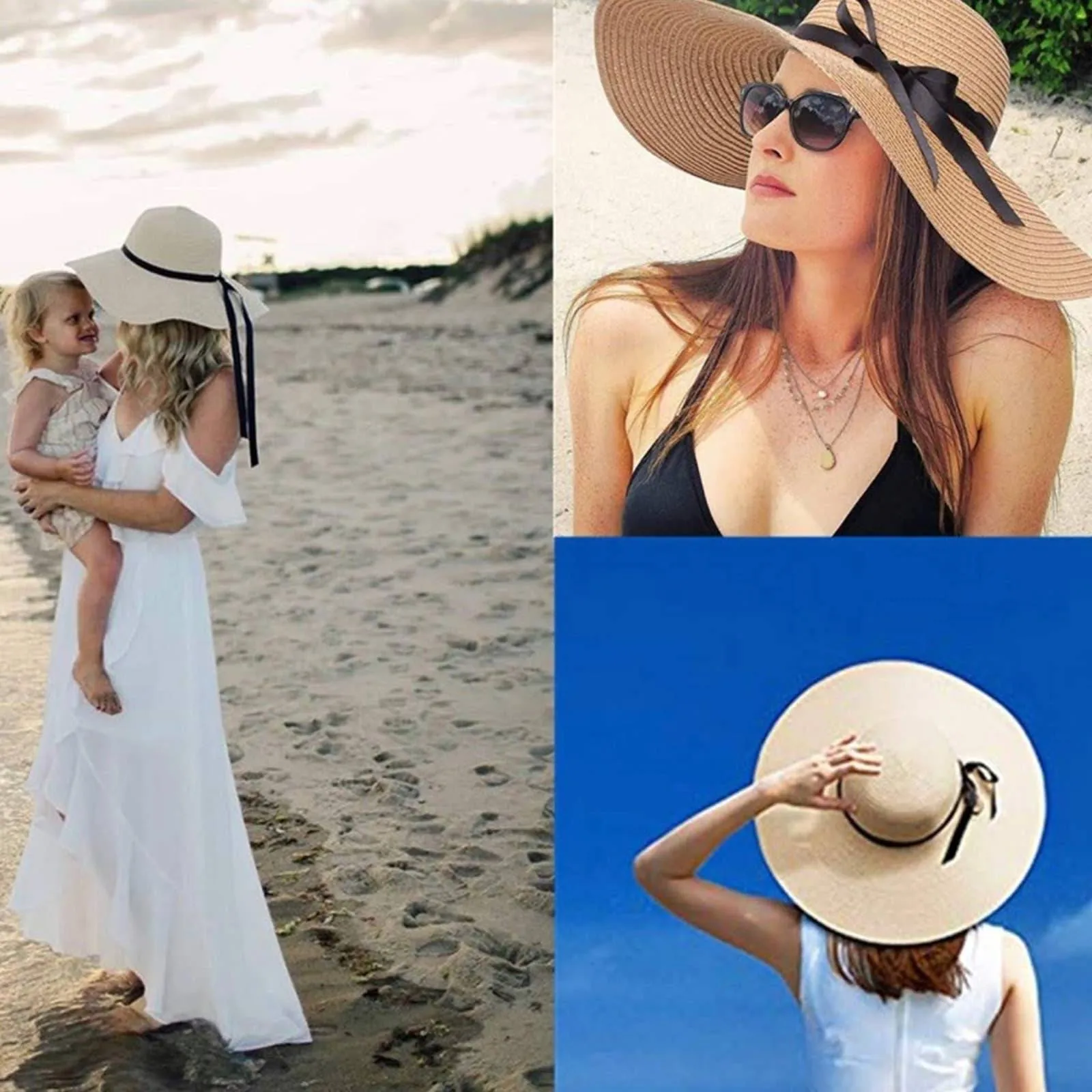Beige Floppy Beach Straw Hat, Foldable Wide Brim with Bowknot UPF50
