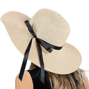 Beige Floppy Beach Straw Hat, Foldable Wide Brim with Bowknot UPF50