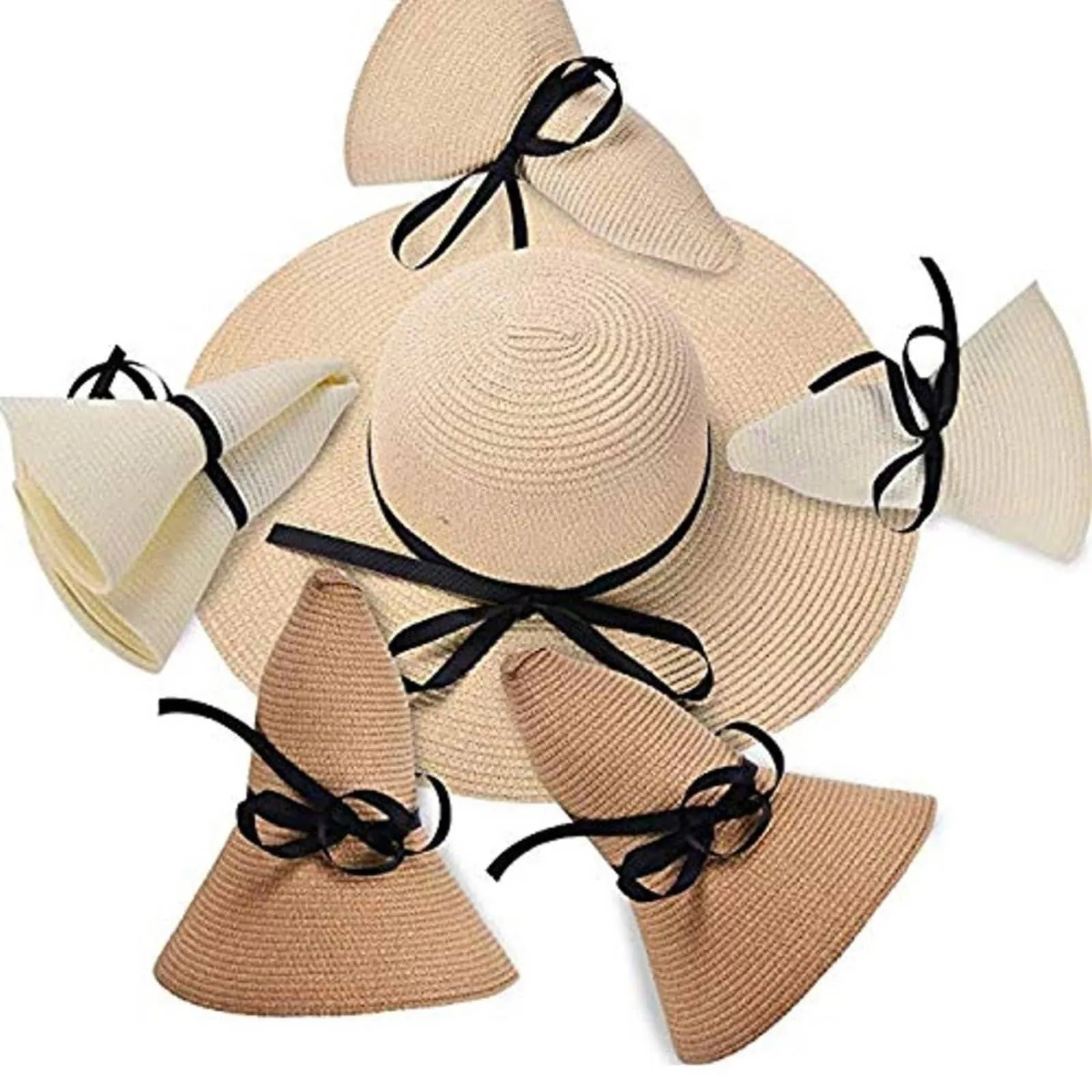 Beige Floppy Beach Straw Hat, Foldable Wide Brim with Bowknot UPF50