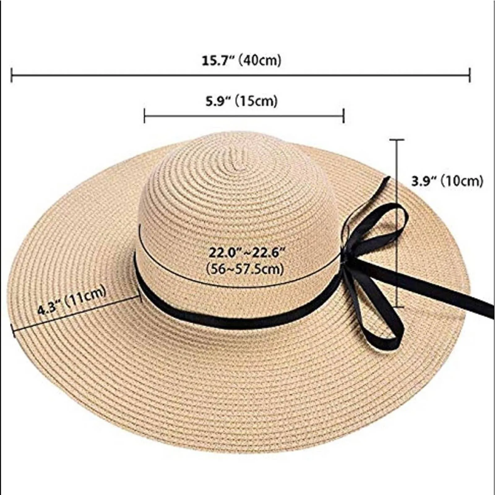 Beige Floppy Beach Straw Hat, Foldable Wide Brim with Bowknot UPF50
