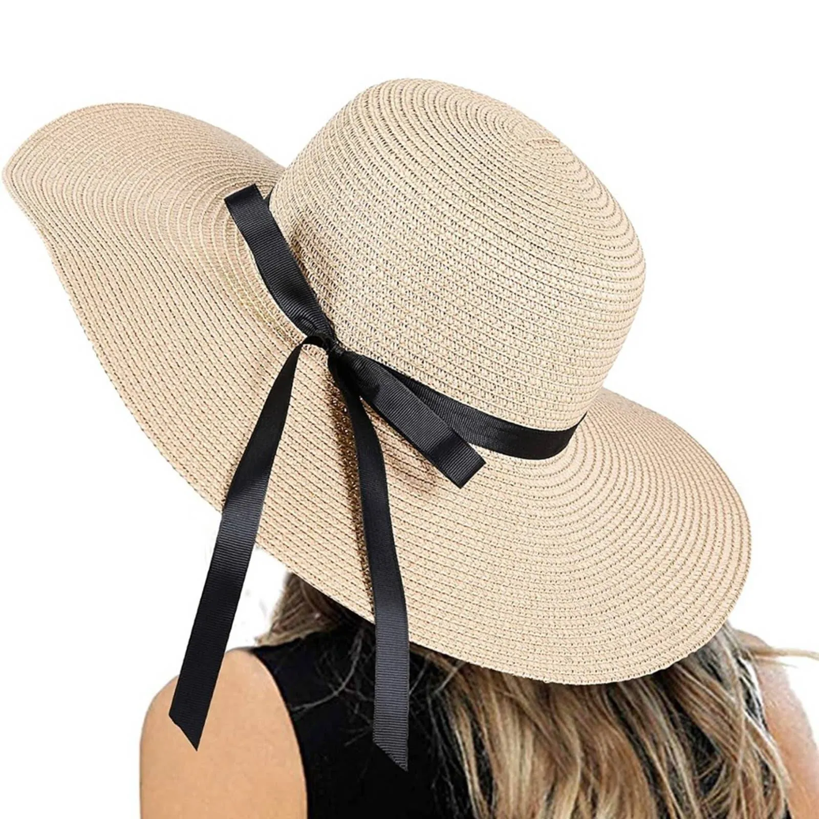 Beige Floppy Beach Straw Hat, Foldable Wide Brim with Bowknot UPF50