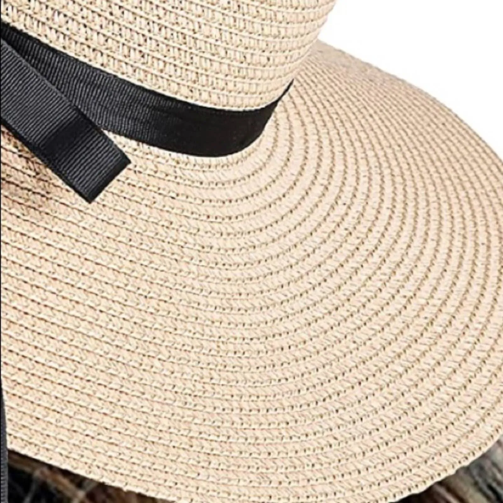 Beige Floppy Beach Straw Hat, Foldable Wide Brim with Bowknot UPF50