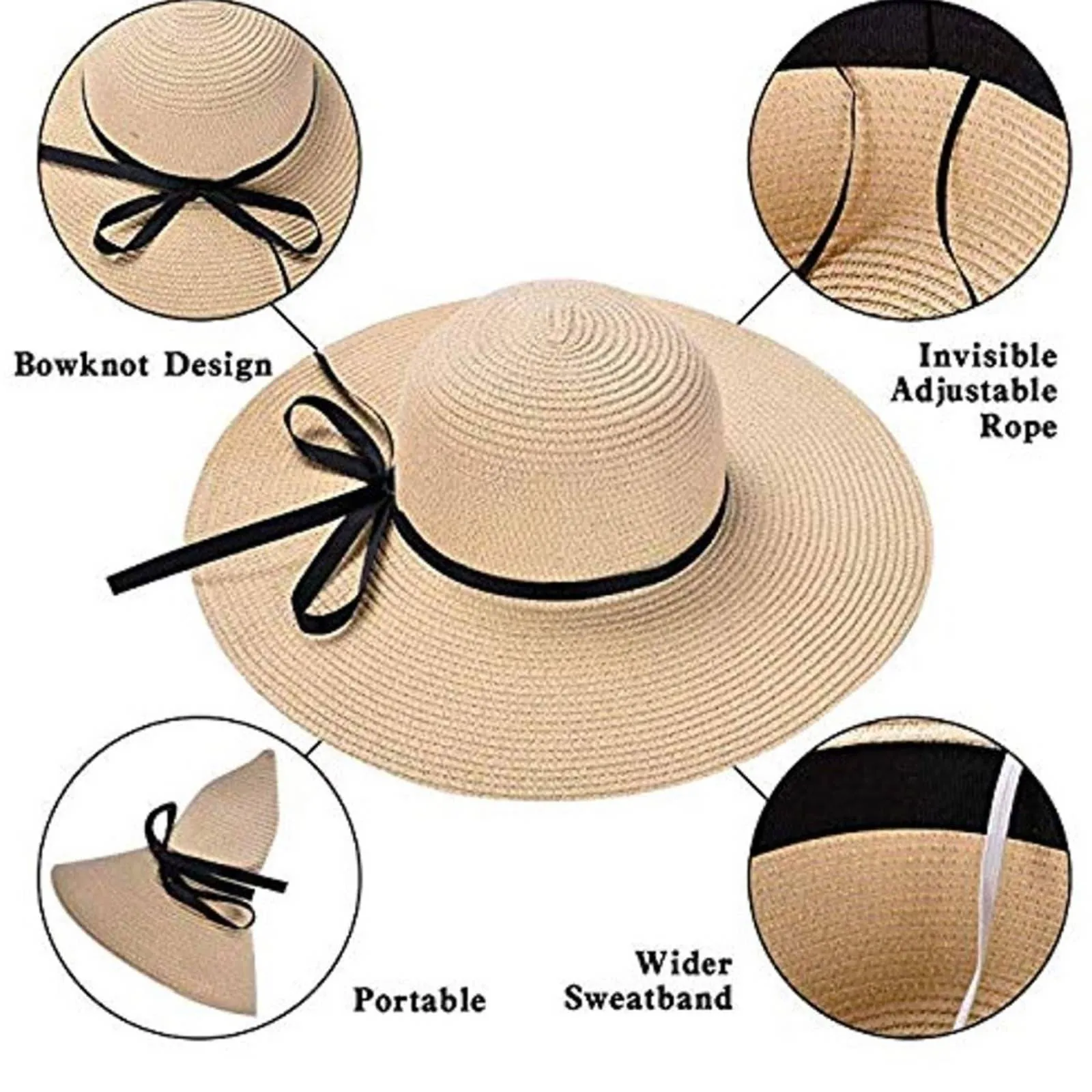 Beige Floppy Beach Straw Hat, Foldable Wide Brim with Bowknot UPF50