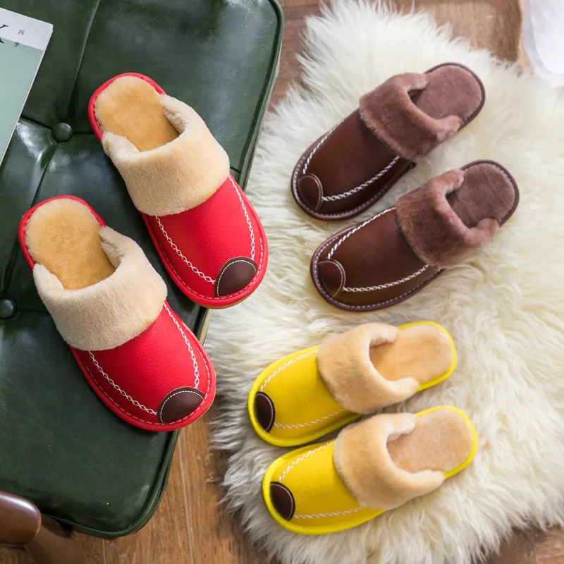 Comfortable Warm Non-slip Thick Sole Leather Slippers