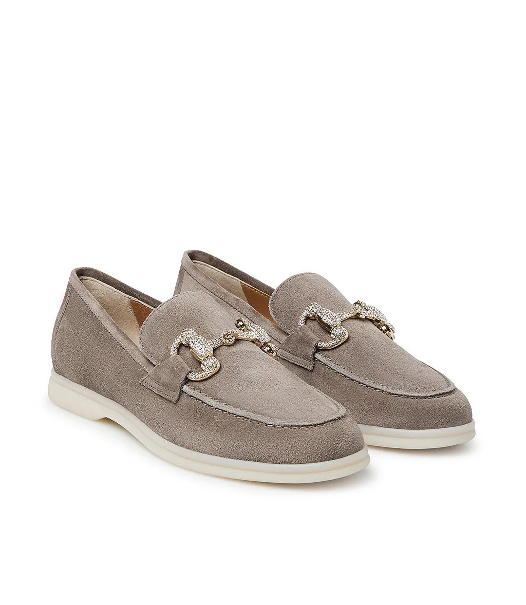 Jewel-buckle Clay-tone suede loafers