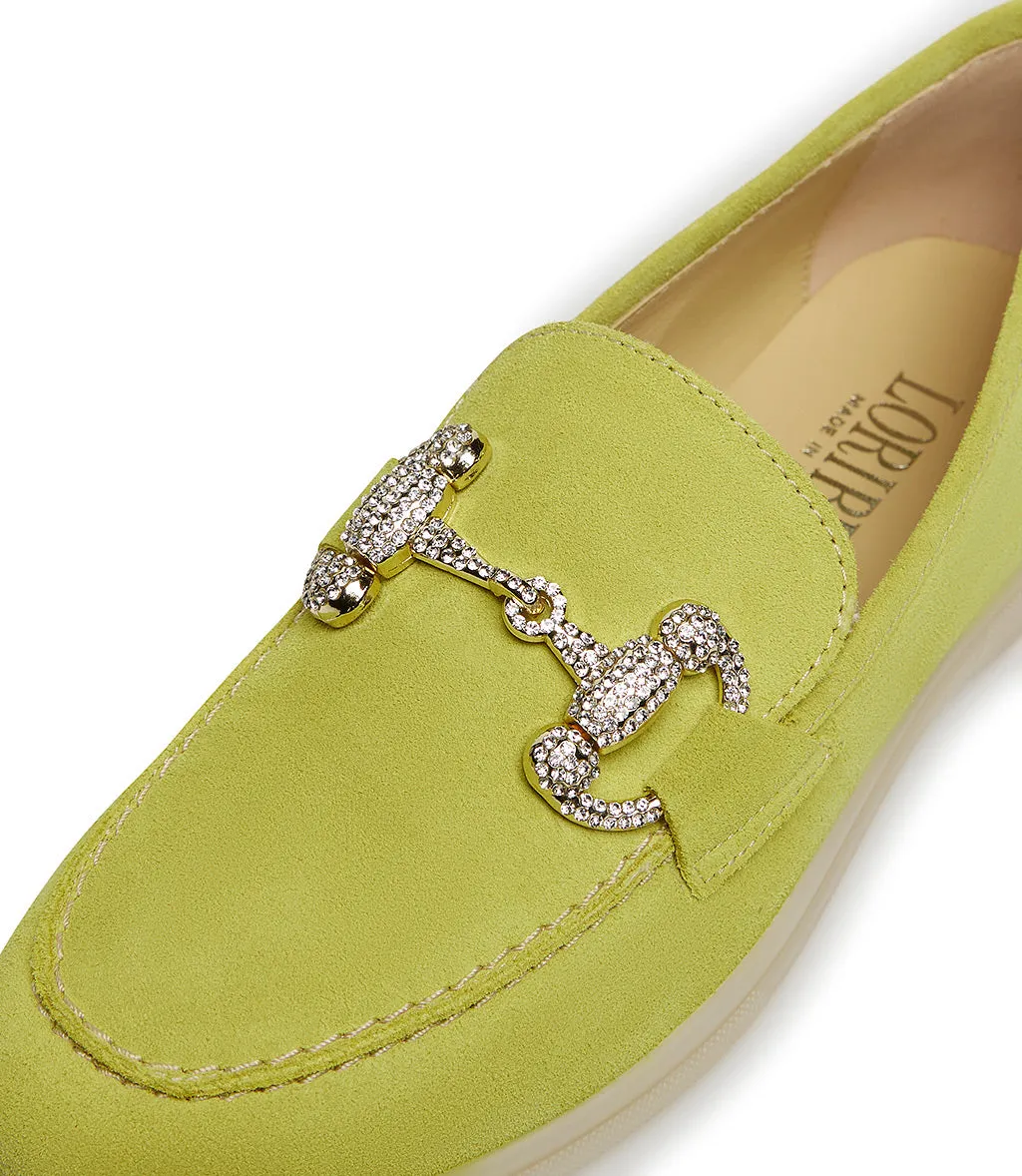 Jewel-buckle yellow suede loafers