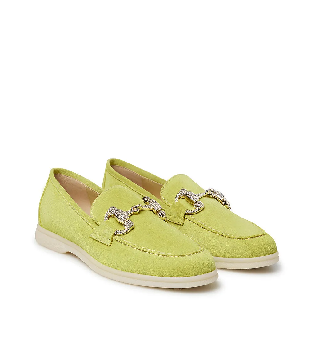 Jewel-buckle yellow suede loafers