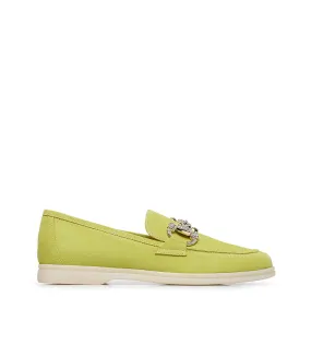 Jewel-buckle yellow suede loafers