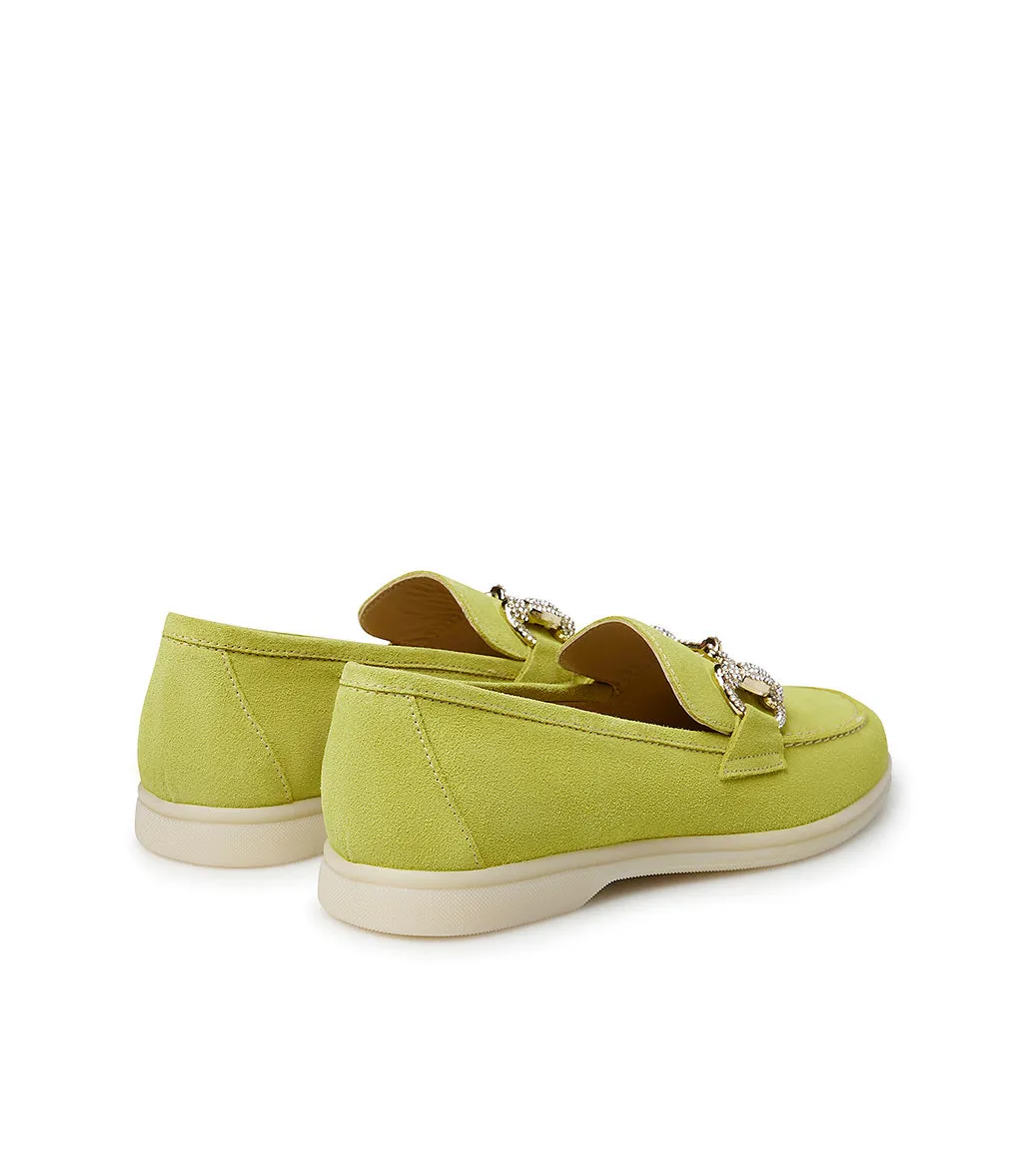 Jewel-buckle yellow suede loafers