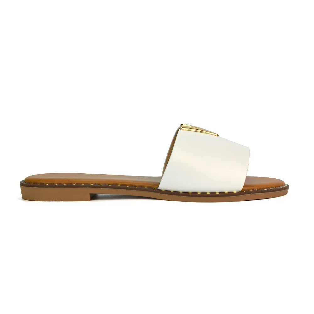Rorie Faux Leather Slip On Cut Out Holiday Flat Sandal Sliders in Tan