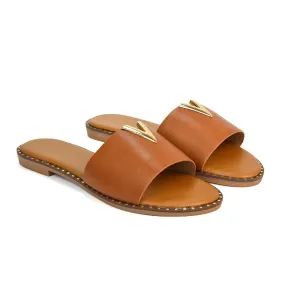 Rorie Faux Leather Slip On Cut Out Holiday Flat Sandal Sliders in Tan