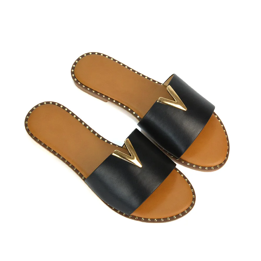 Rorie Faux Leather Slip On Cut Out Holiday Flat Sandal Sliders in Tan