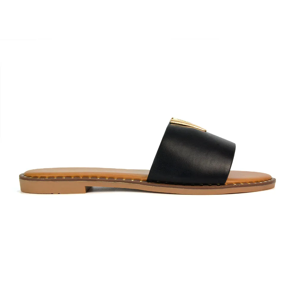 Rorie Faux Leather Slip On Cut Out Holiday Flat Sandal Sliders in Tan