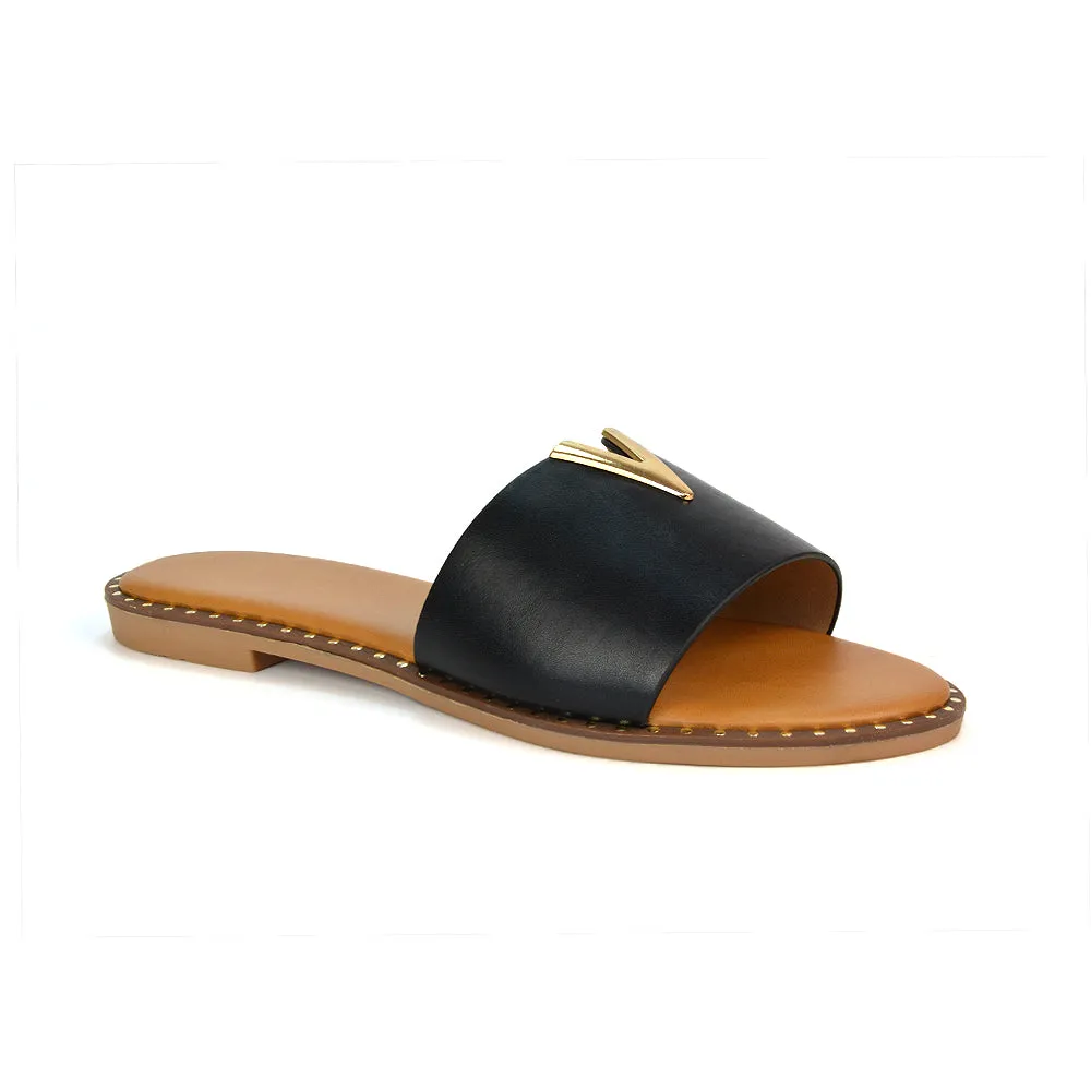 Rorie Faux Leather Slip On Cut Out Holiday Flat Sandal Sliders in Tan