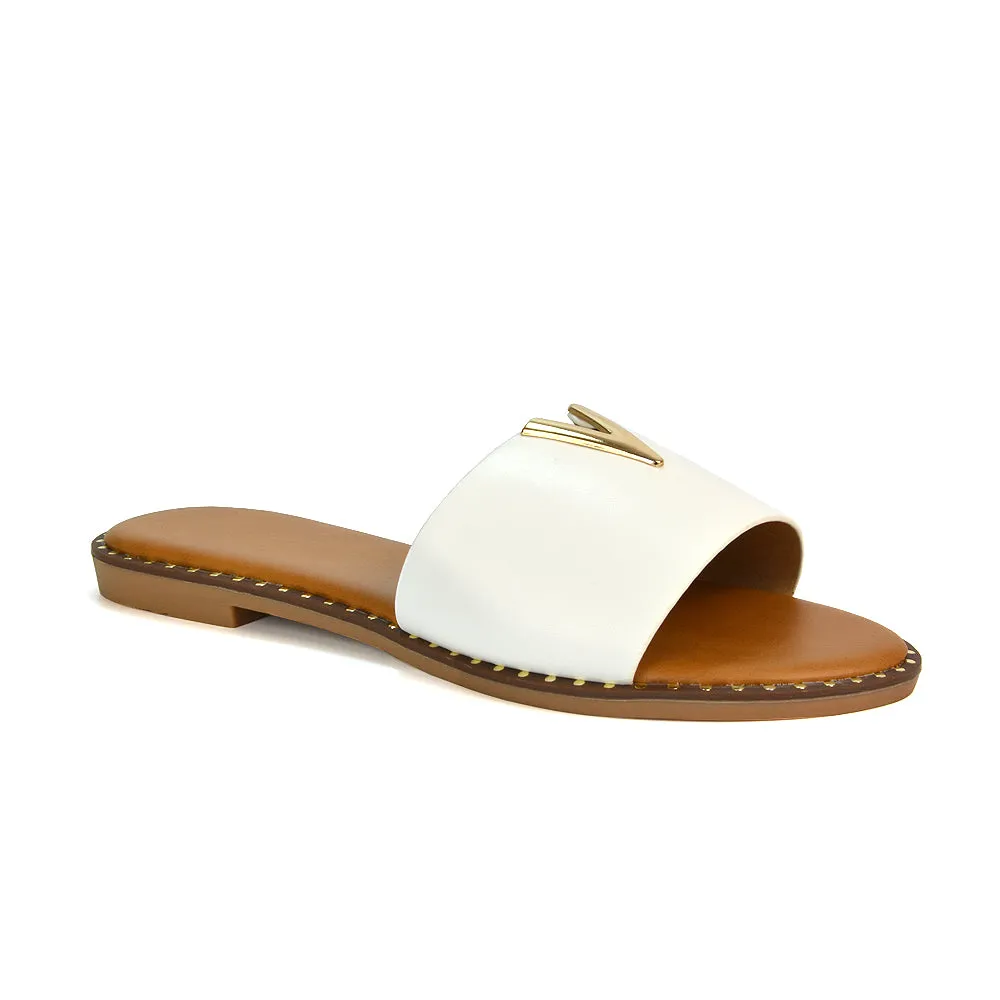 Rorie Faux Leather Slip On Cut Out Holiday Flat Sandal Sliders in Tan