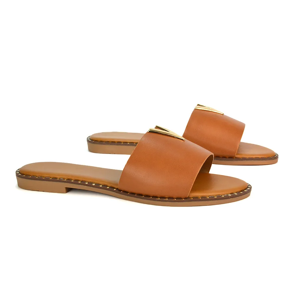 Rorie Faux Leather Slip On Cut Out Holiday Flat Sandal Sliders in Tan