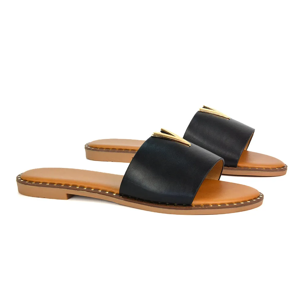 Rorie Faux Leather Slip On Cut Out Holiday Flat Sandal Sliders in Tan