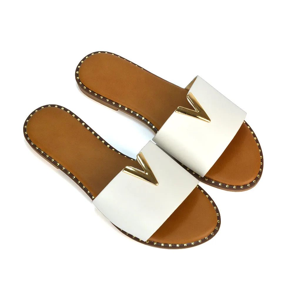 Rorie Faux Leather Slip On Cut Out Holiday Flat Sandal Sliders in Tan