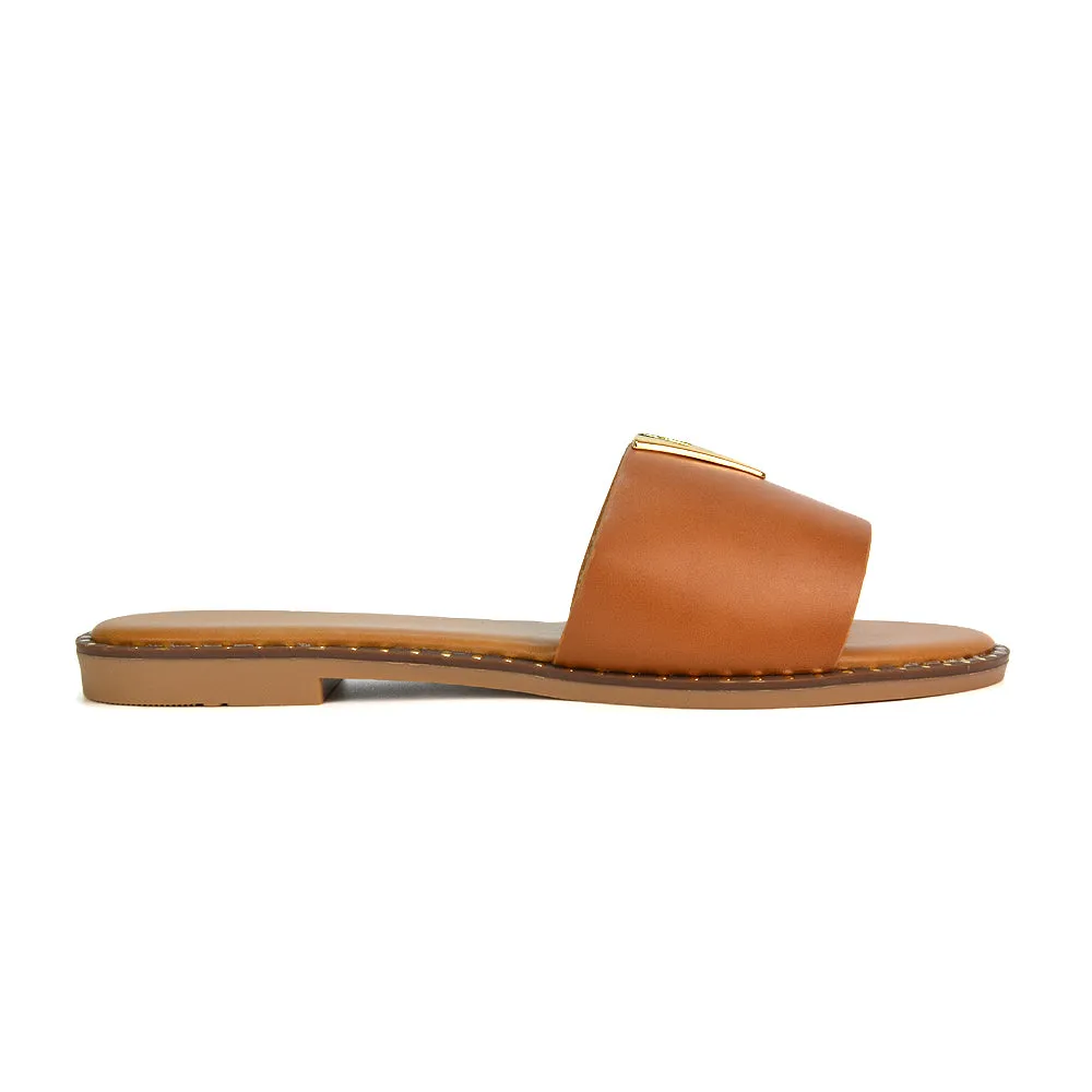 Rorie Faux Leather Slip On Cut Out Holiday Flat Sandal Sliders in Tan