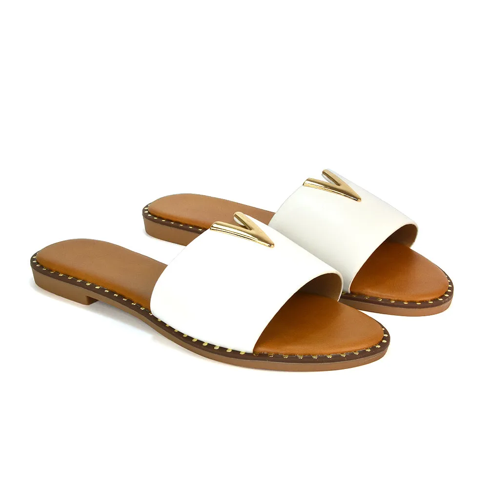Rorie Faux Leather Slip On Cut Out Holiday Flat Sandal Sliders in Tan