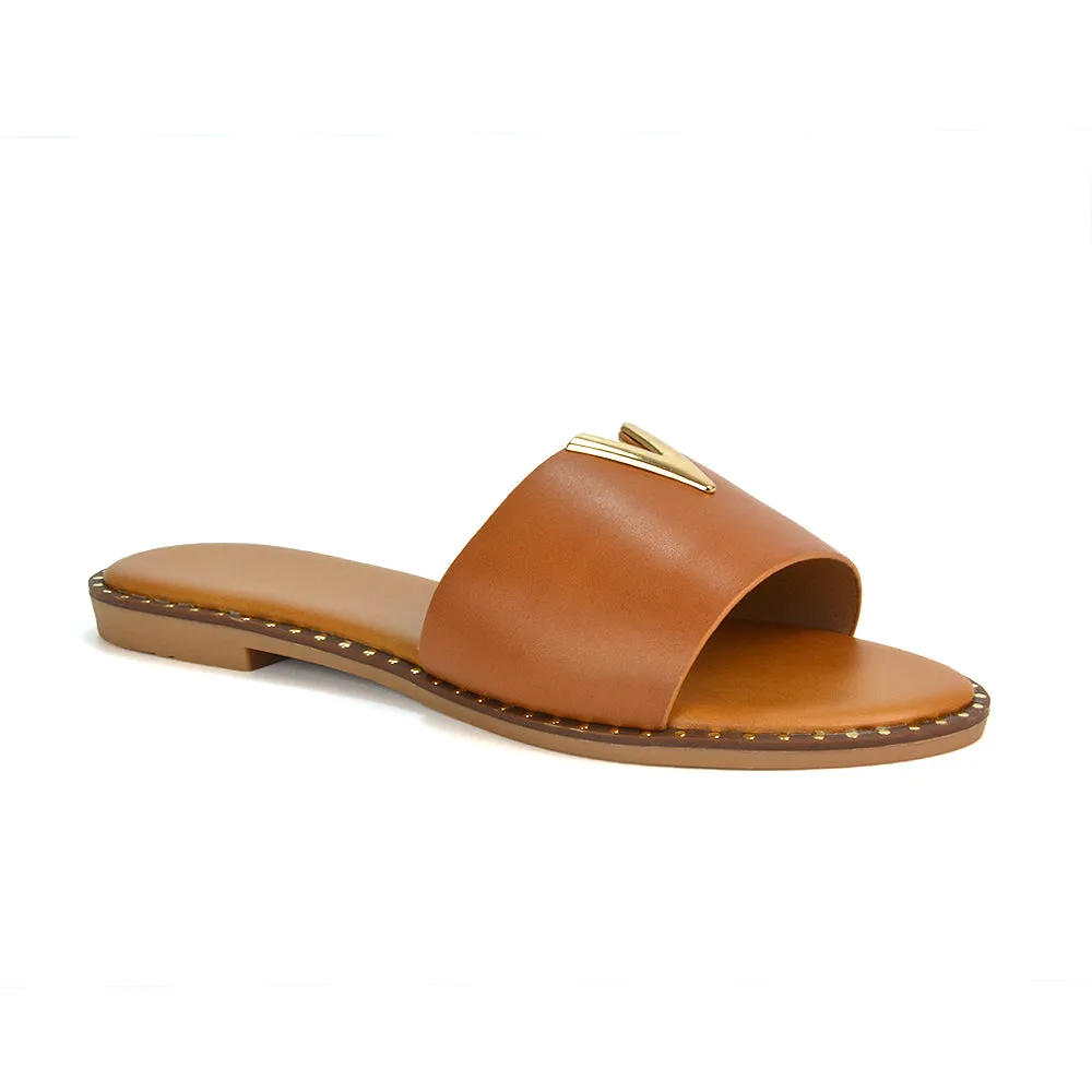 Rorie Faux Leather Slip On Cut Out Holiday Flat Sandal Sliders in Tan
