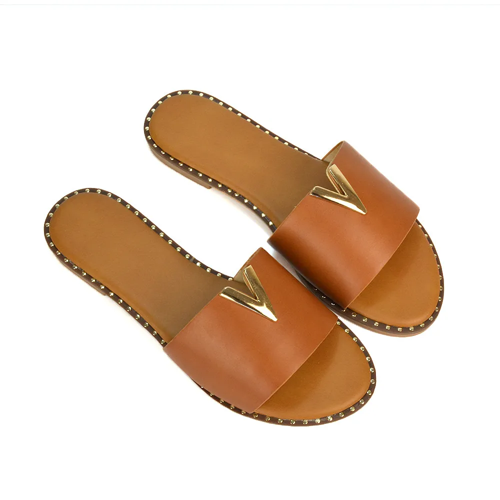 Rorie Faux Leather Slip On Cut Out Holiday Flat Sandal Sliders in Tan