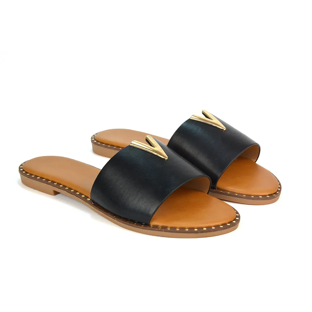 Rorie Faux Leather Slip On Cut Out Holiday Flat Sandal Sliders in Tan