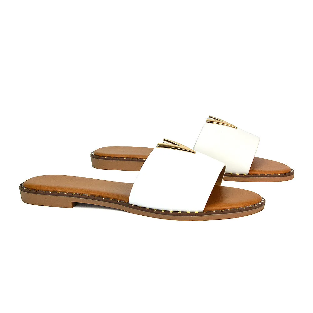 Rorie Faux Leather Slip On Cut Out Holiday Flat Sandal Sliders in Tan