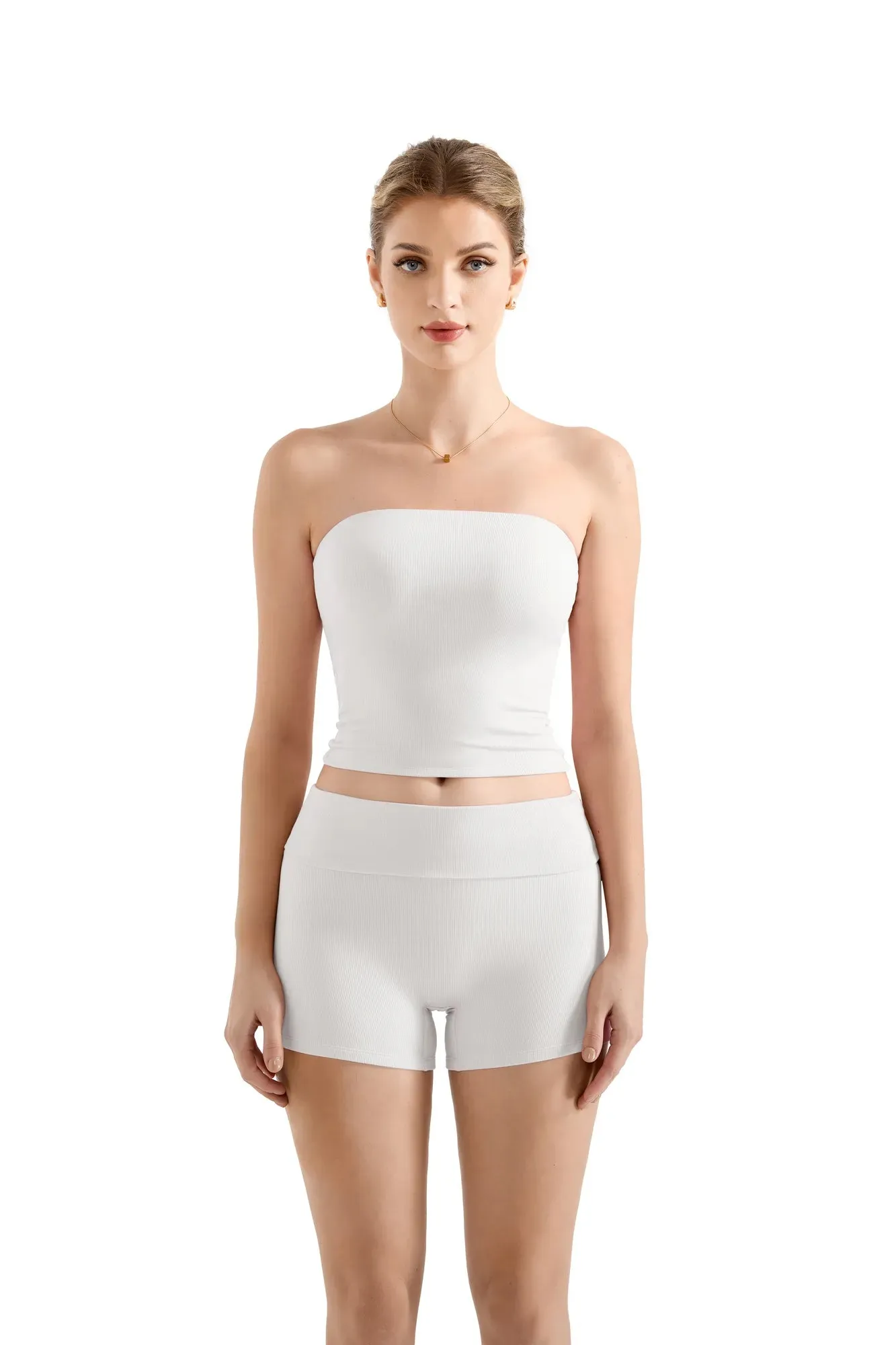 SUUKSESS Women 2 Piece Tube Top Going Out Foldover Waist Shorts Set Tracksu Workout Matching Outfit