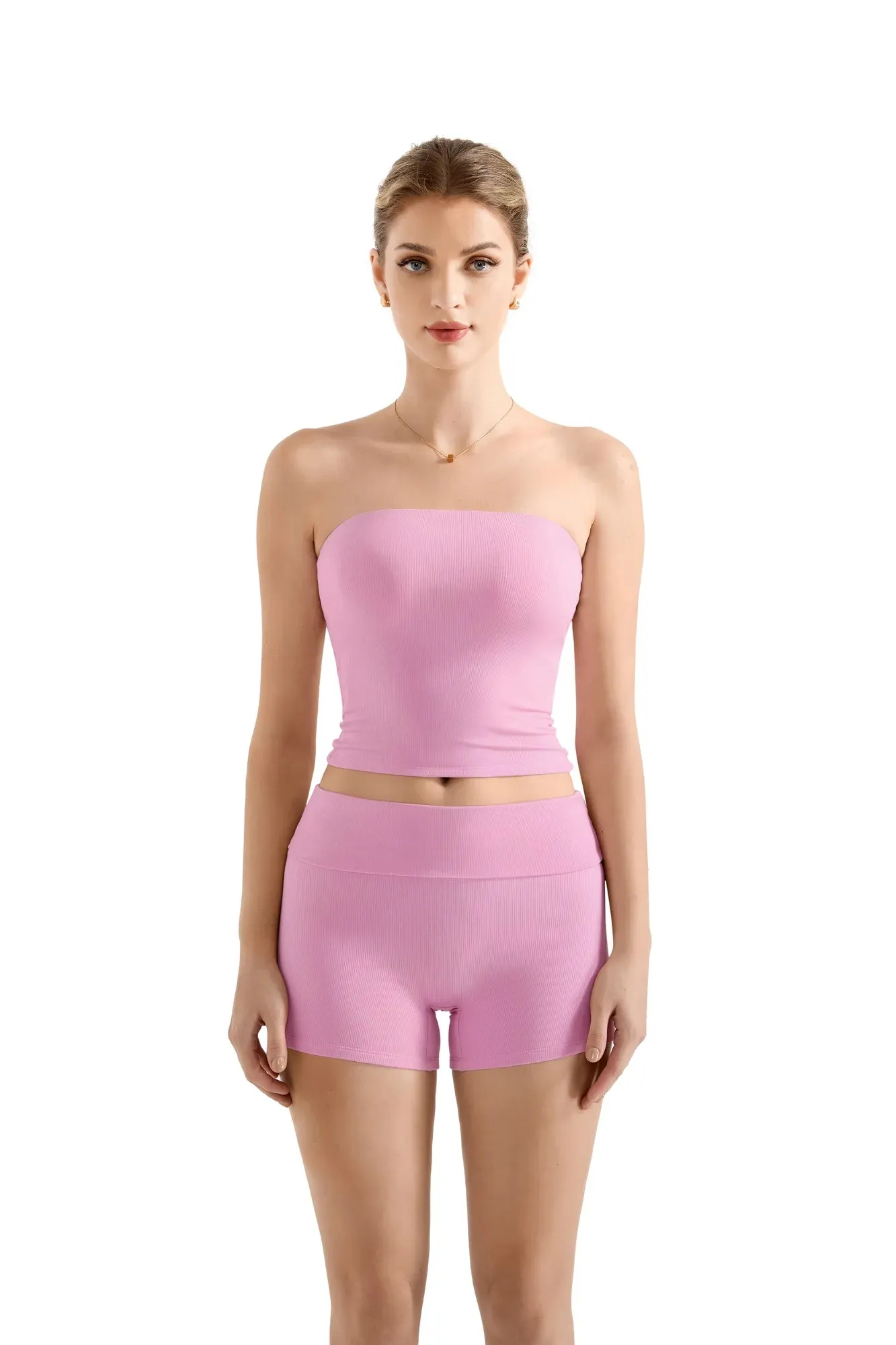 SUUKSESS Women 2 Piece Tube Top Going Out Foldover Waist Shorts Set Tracksu Workout Matching Outfit