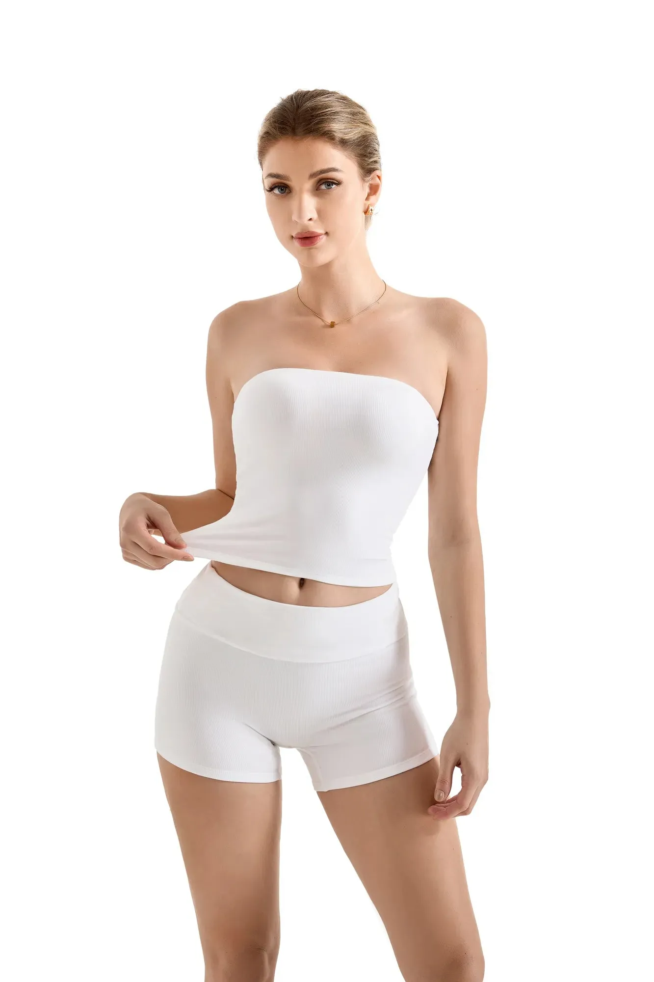 SUUKSESS Women 2 Piece Tube Top Going Out Foldover Waist Shorts Set Tracksu Workout Matching Outfit