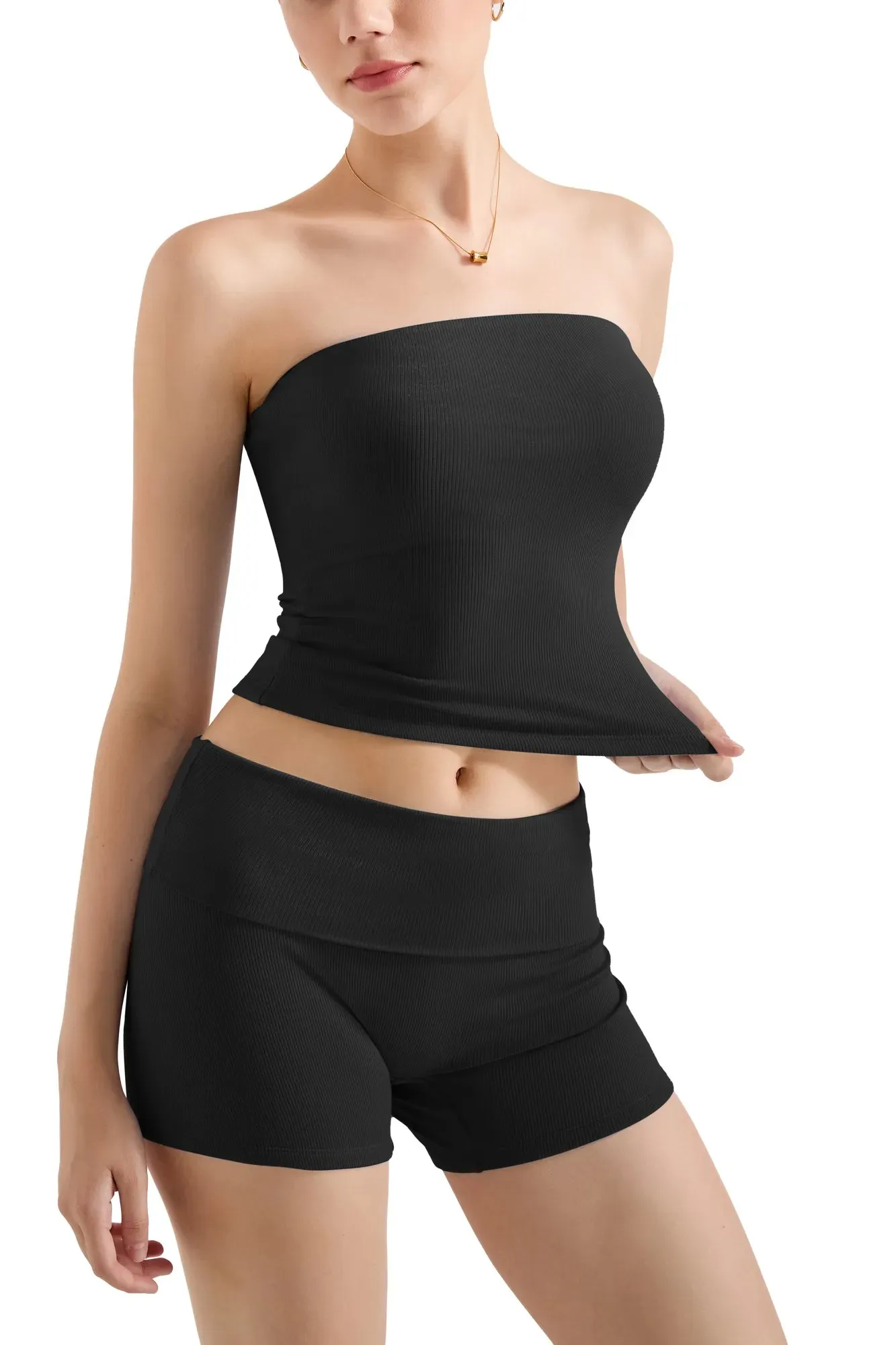 SUUKSESS Women 2 Piece Tube Top Going Out Foldover Waist Shorts Set Tracksu Workout Matching Outfit