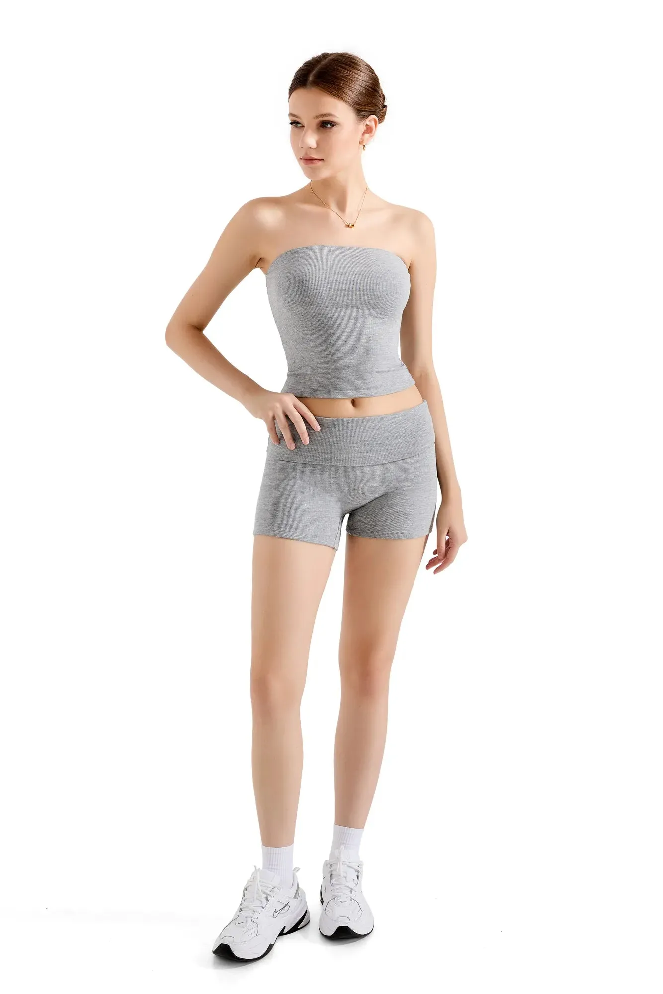 SUUKSESS Women 2 Piece Tube Top Going Out Foldover Waist Shorts Set Tracksu Workout Matching Outfit