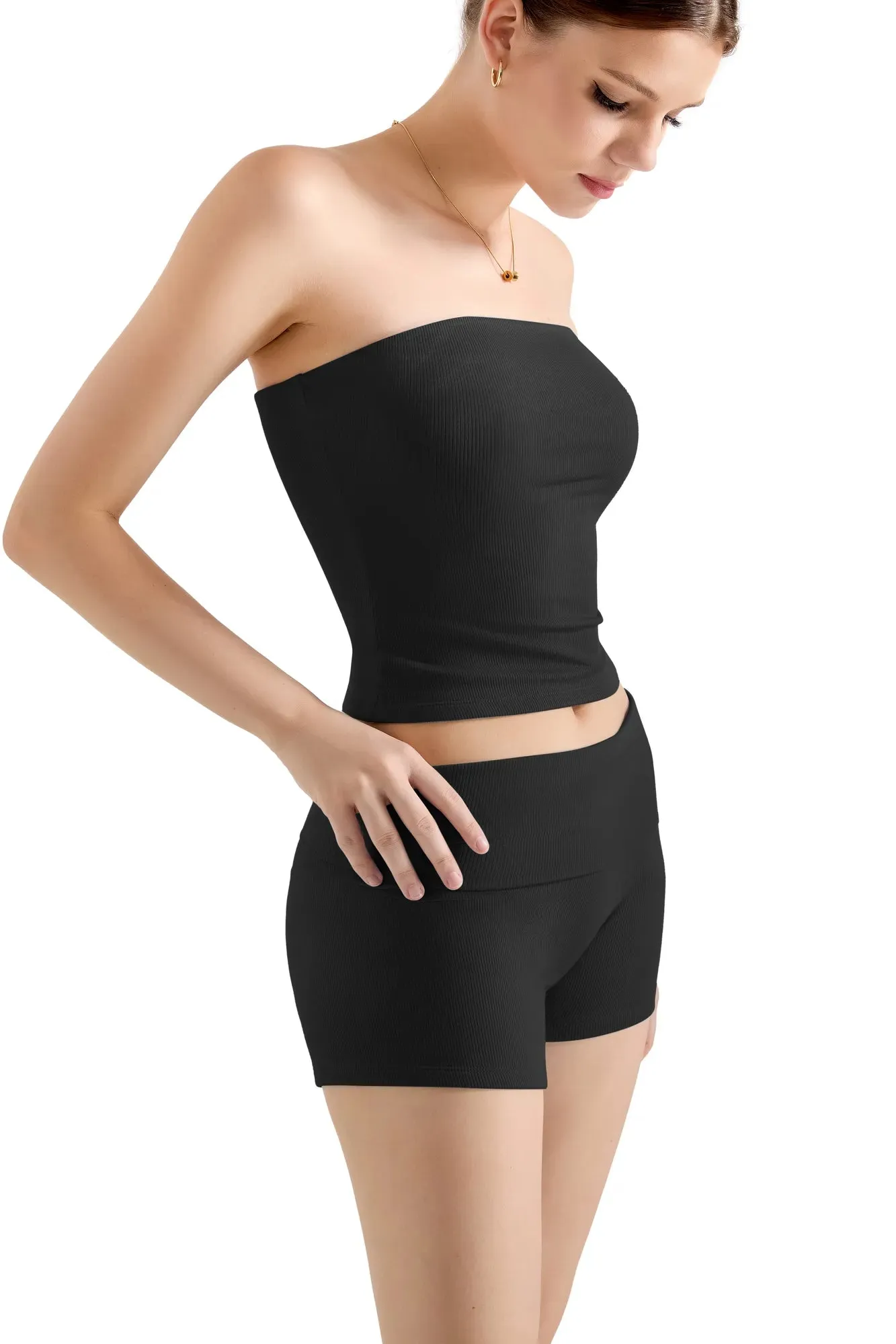 SUUKSESS Women 2 Piece Tube Top Going Out Foldover Waist Shorts Set Tracksu Workout Matching Outfit