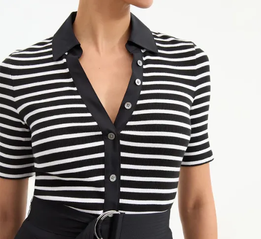 Veronica Beard - Delise Mix Fabric Short Sleeve Striped Polo Dress in White and Black